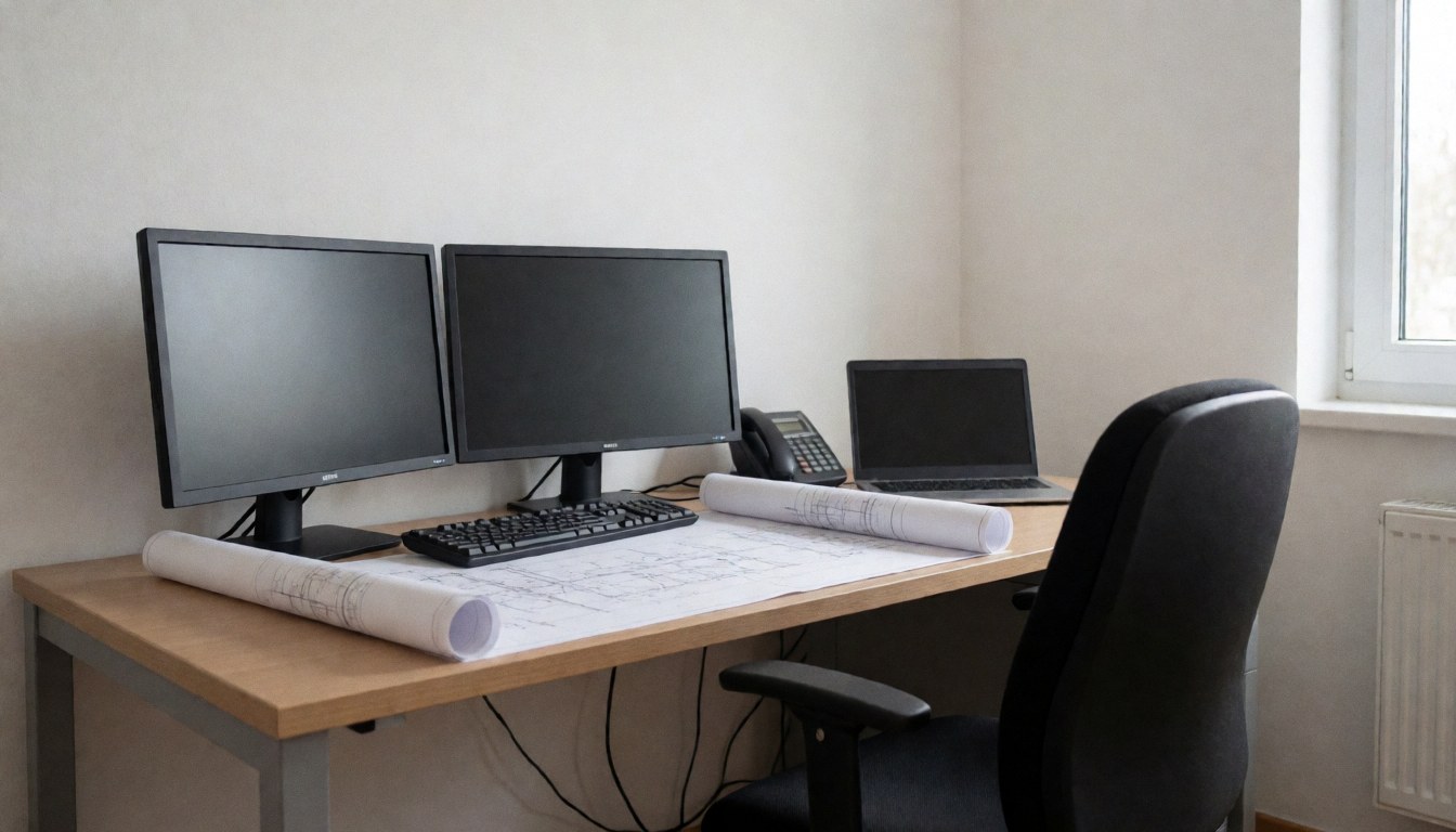 Engineer workspace featuring dual monitors, keyboard, rolled blueprints, and chair near a window with natural light, suitable for design firm hero image