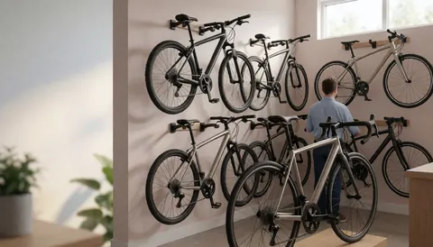A technician checks a bike in a well-lit workshop with several bicycles hanging on the wall.
