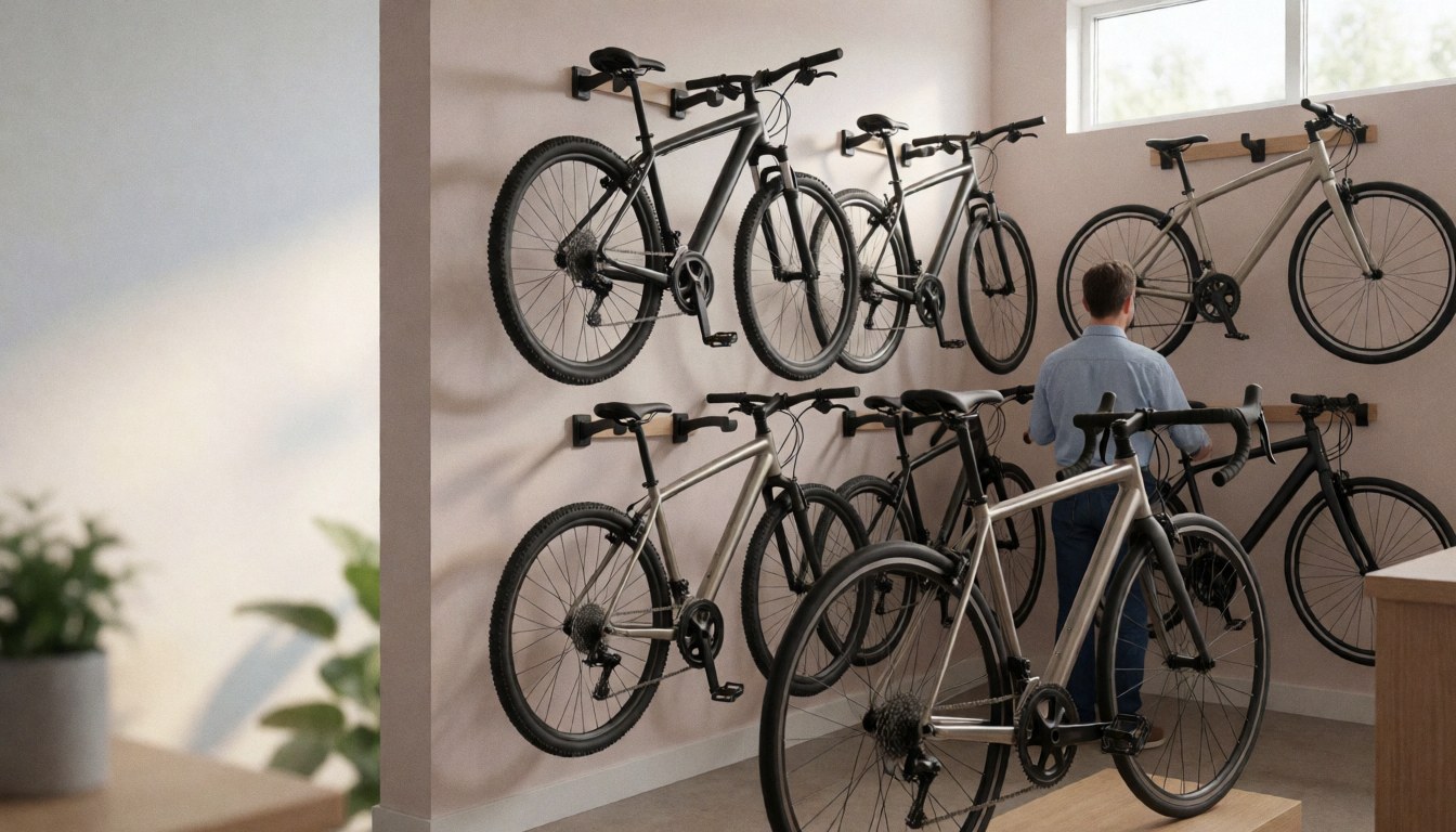 A technician checks a bike in a well-lit workshop with several bicycles hanging on the wall.