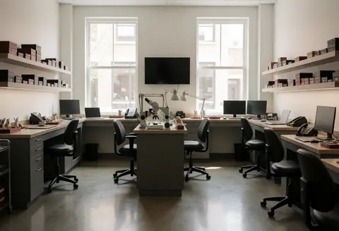 Empty watch repair shop with microscope, workstations, and tool boxes on shelves, lit by large windows