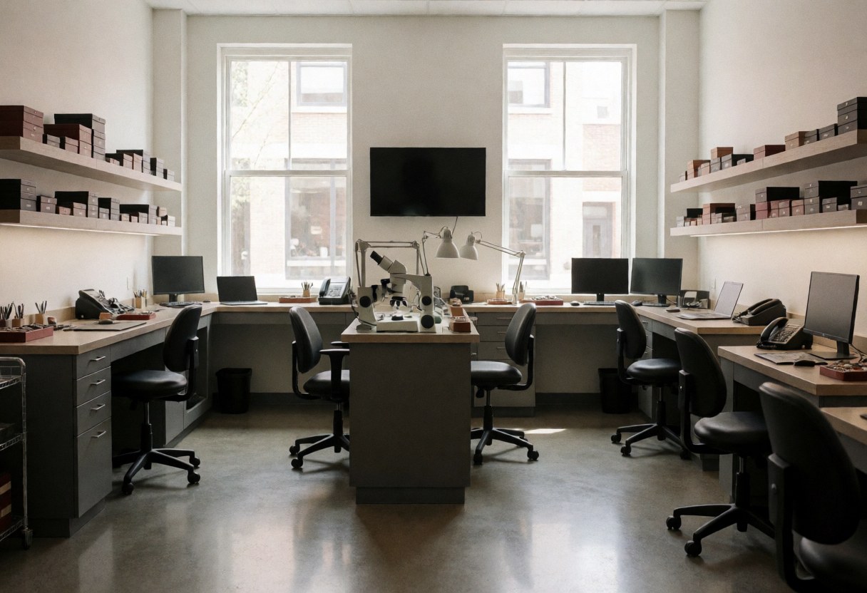 Empty watch repair shop with microscope, workstations, and tool boxes on shelves, lit by large windows