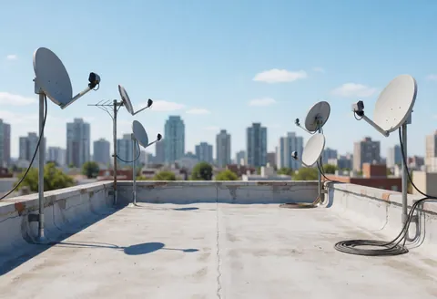 Concrete roof with satellite antennas and cables, city in the background, ideal for antenna installation services.
