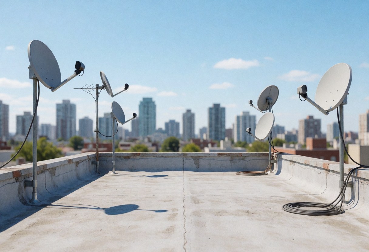 Concrete roof with satellite antennas and cables, city in the background, ideal for antenna installation services.