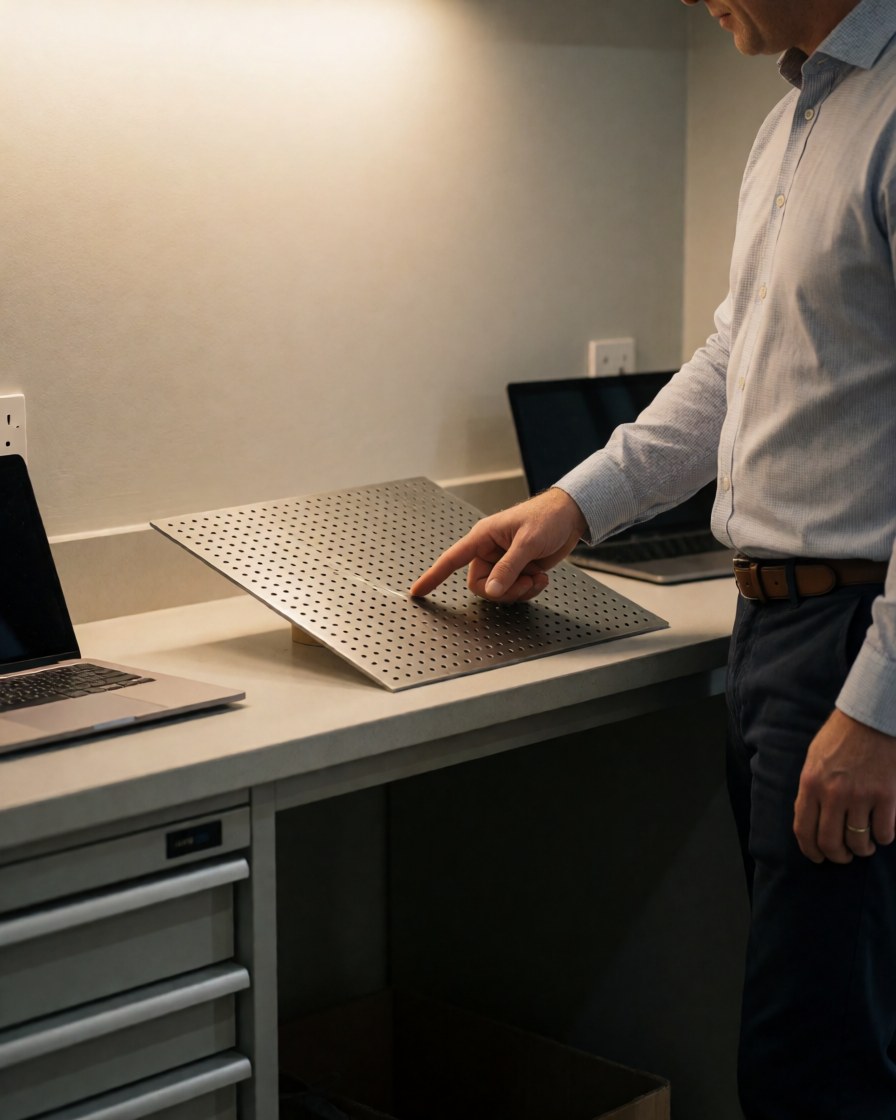 A customer in an industrial workshop points to a perforation pattern on a metal sheet while holding a laptop near a light gray wall.