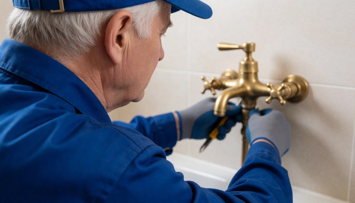 A plumber wearing gloves adjusts a bronze faucet mounted on a tiled wall during a plumbing service call.