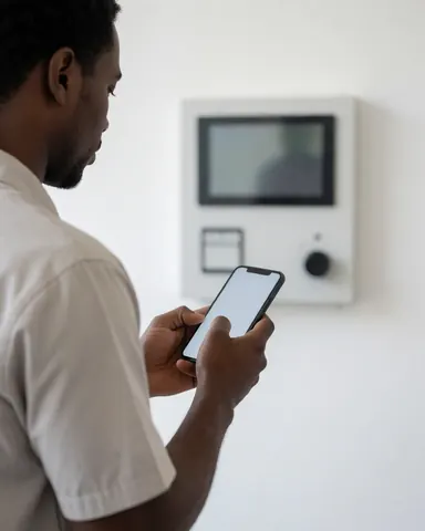Close-up of a technician using a smartphone to inspect a white security alarm control panel during a professional service call