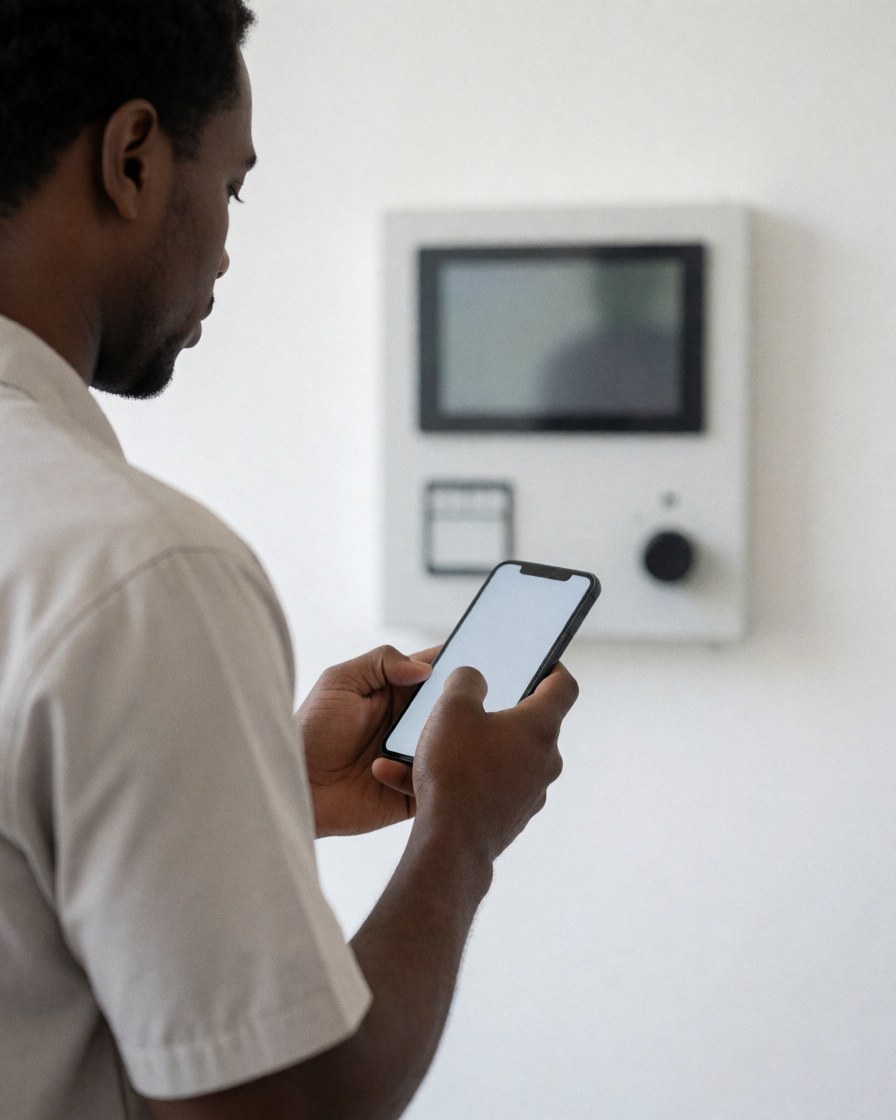 Close-up of a technician using a smartphone to inspect a white security alarm control panel during a professional service call