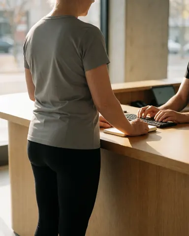Client standing with back to camera at reception desk with receptionist using keyboard near concrete wall and natural light