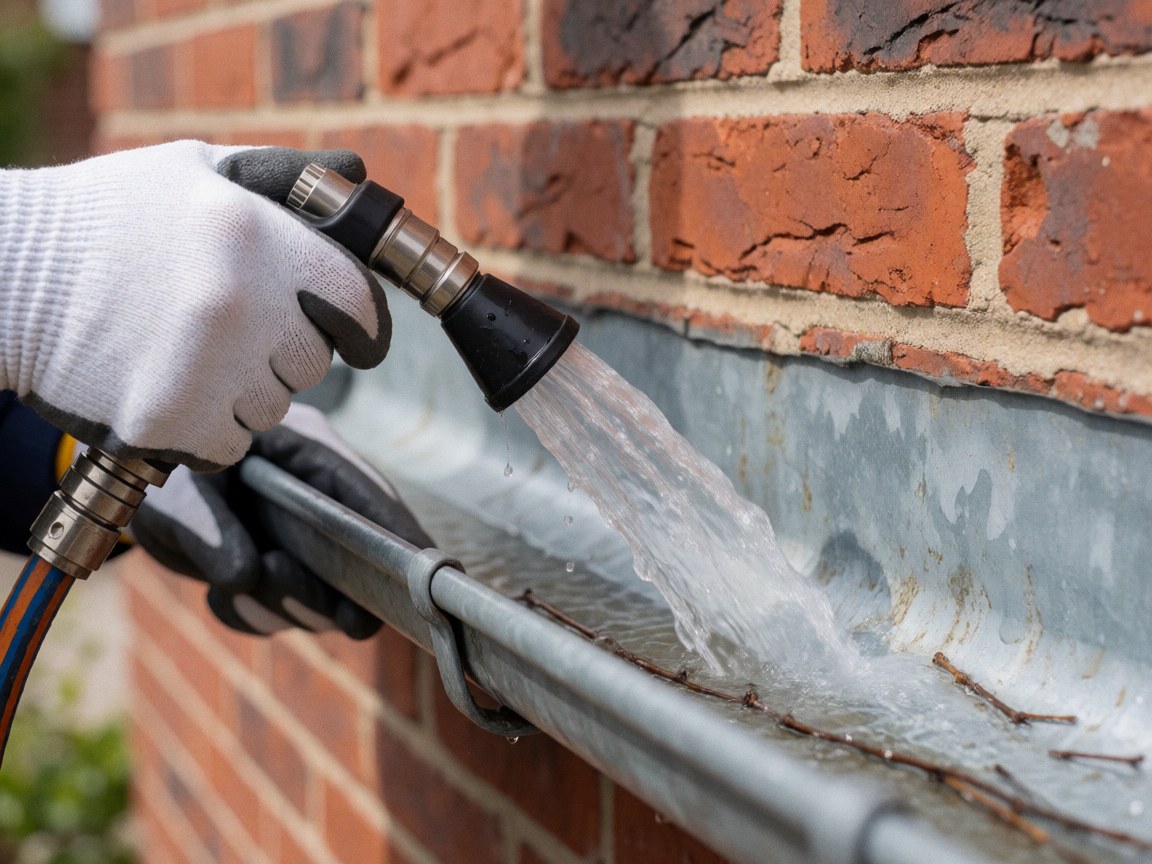A gloved hand directs a powerful stream of water from a flexible hose into a metal gutter to clear debris against a red brick wall.