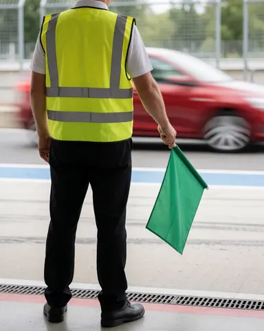 A track official in a yellow vest holds a green flag while watching a red car on the circuit.