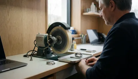 A watchmaker polishing a timepiece using a polishing machine in a workshop with light wood walls, tools, and a laptop.