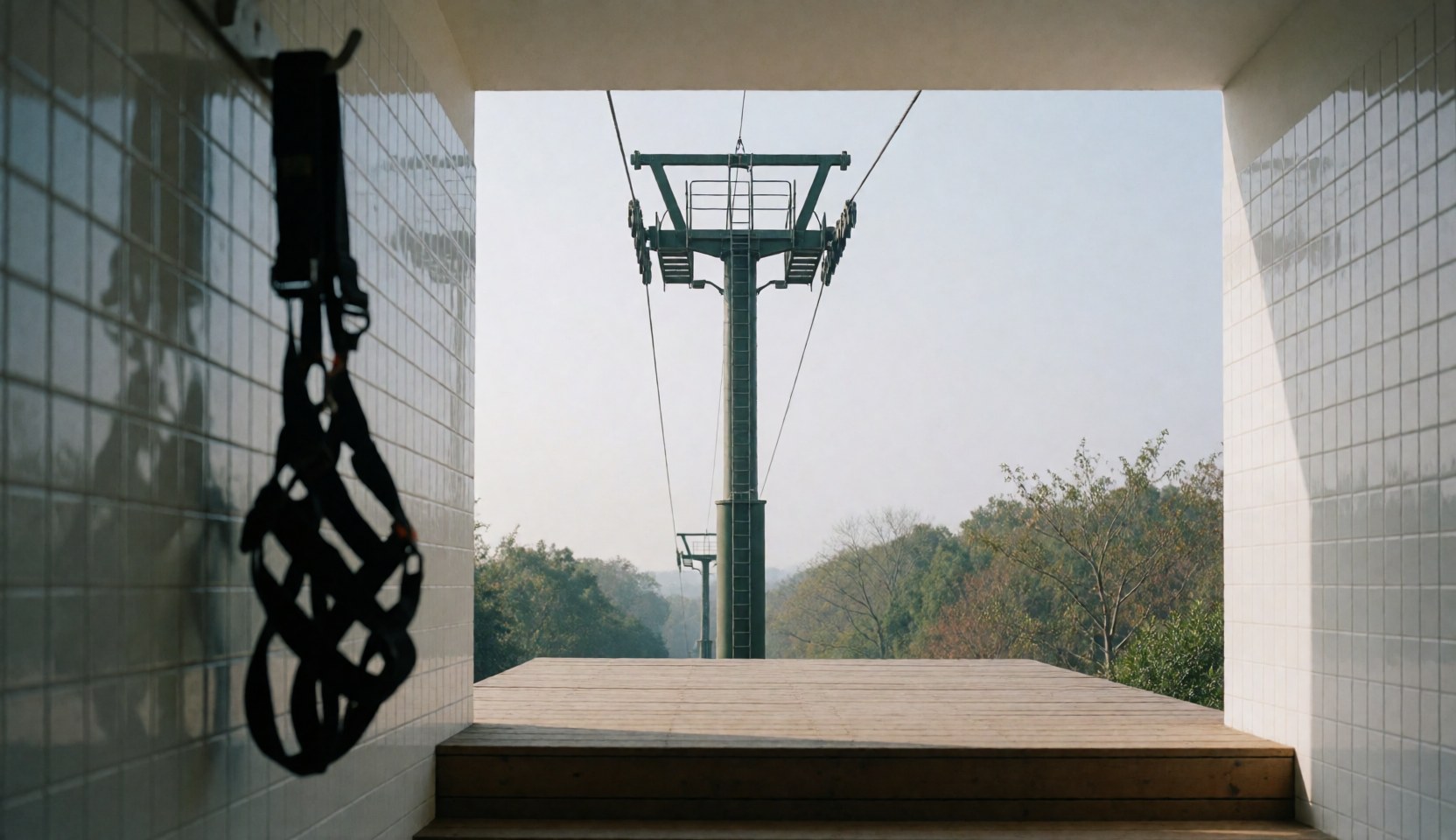 A black zipline harness hangs on a white tiled wall with a wooden tower and platform in the background for adventure parks.