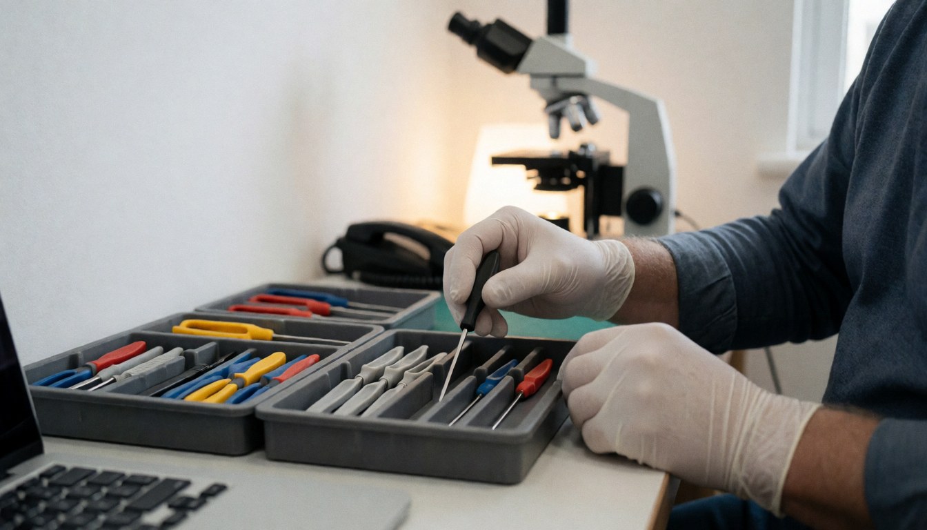 Gloved hand selecting a repair tool in a workshop with a microscope and white wall, ideal for phone repair services.