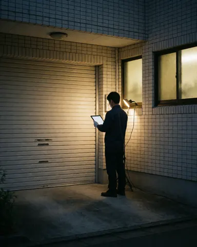 Technician checking garage door controls with a tablet at night, illuminated by portable light, white tiled walls, and metal door.