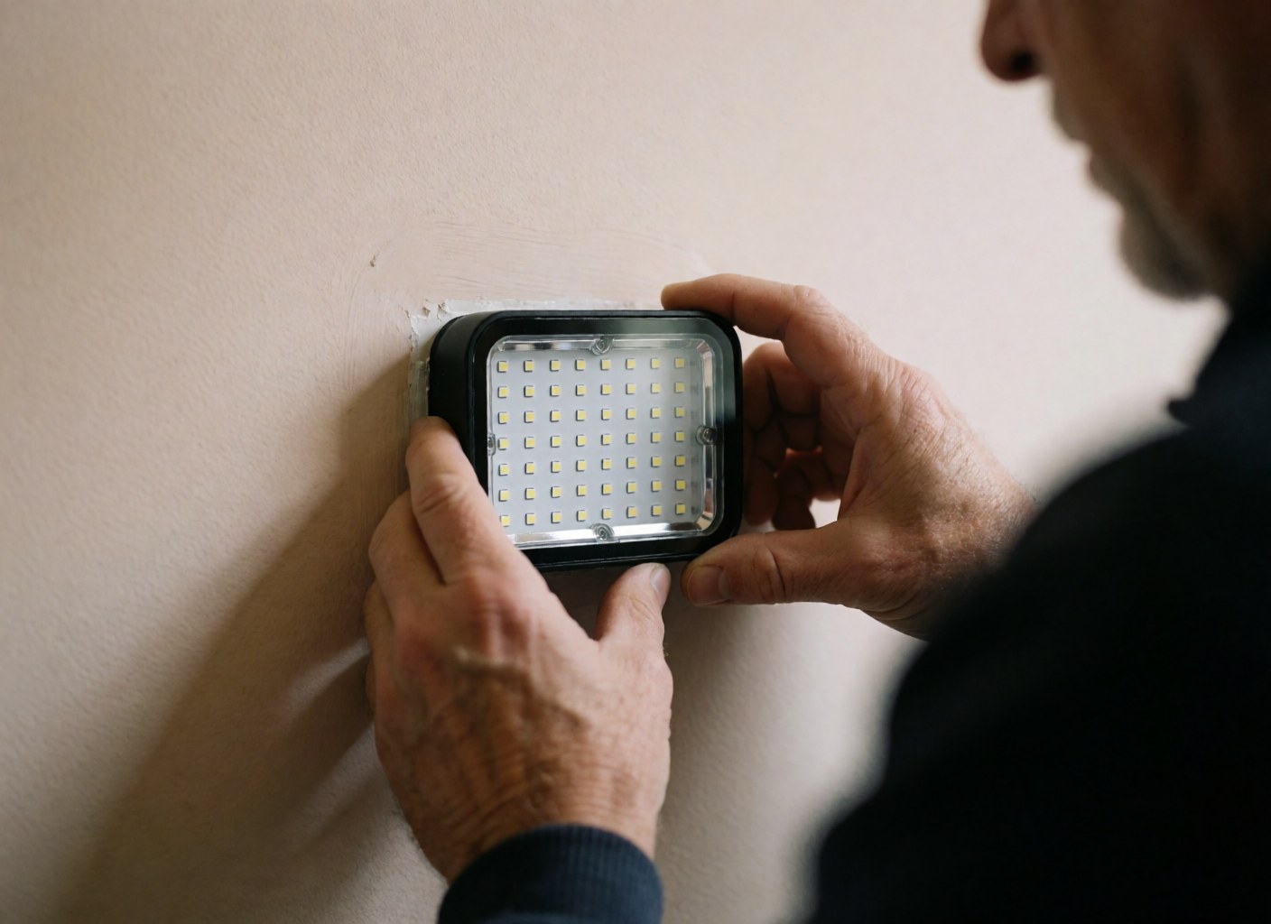 Close-up of hands mounting an LED spotlight with visible diodes on a beige wall, showing tennis court lighting installation details.