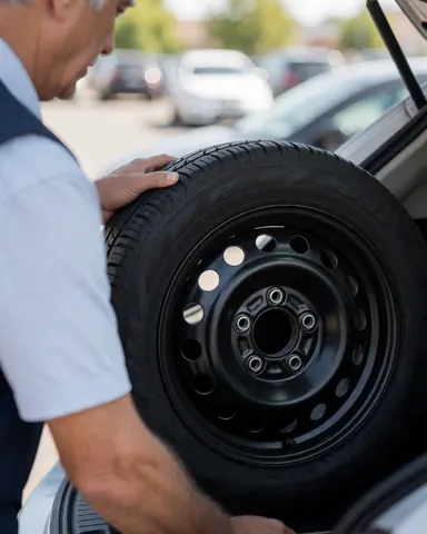 Technician placing a spare tire into the trunk of a car in a parking lot during a tire repair service