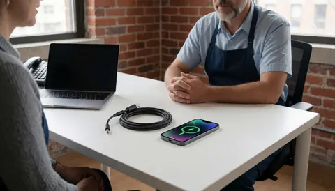 A technician wearing an apron attends to a customer while charging a cell phone on a white table in front of a brick wall.