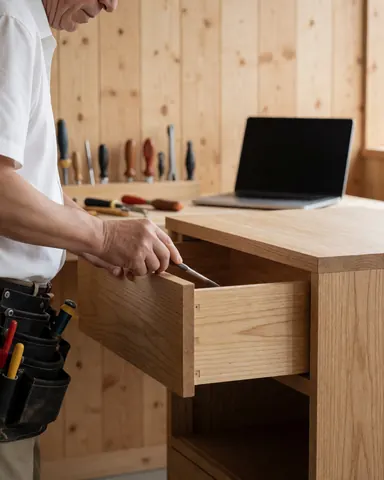 Furniture restorer inspecting a wood joint in an open drawer with tools and light wood walls in the workshop