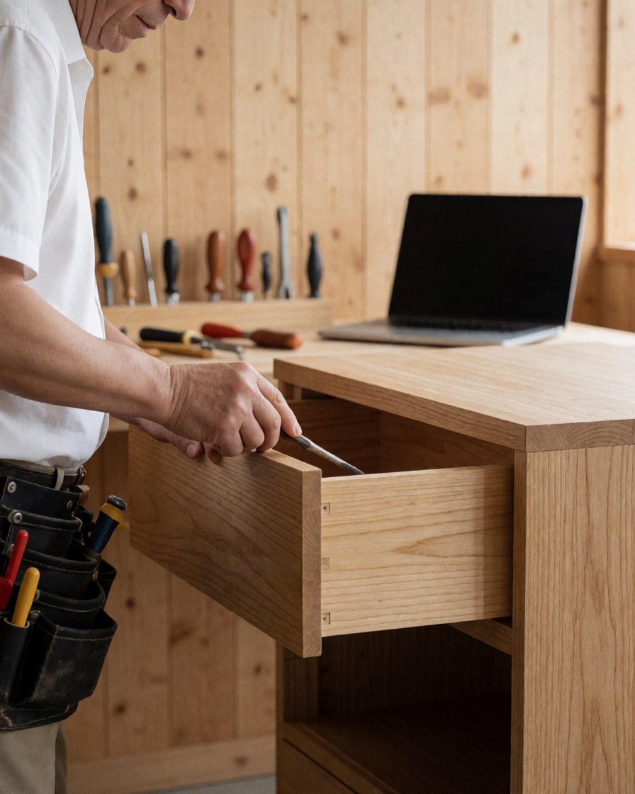 Furniture restorer inspecting a wood joint in an open drawer with tools and light wood walls in the workshop
