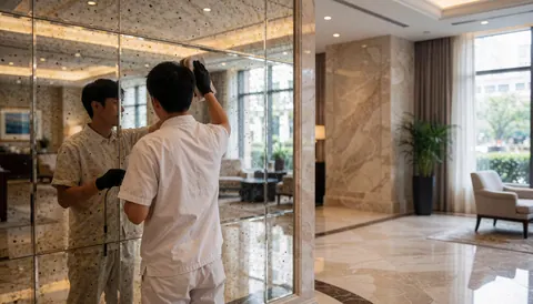 Worker in white uniform and black gloves cleaning a large mirror in a marble-floored hotel lobby with natural light