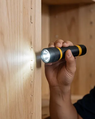 Flashlight beam highlighting a wooden joint in a furniture repair workshop setting