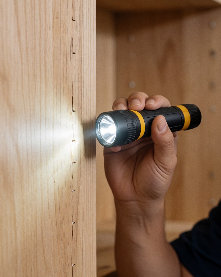 Flashlight beam highlighting a wooden joint in a furniture repair workshop setting