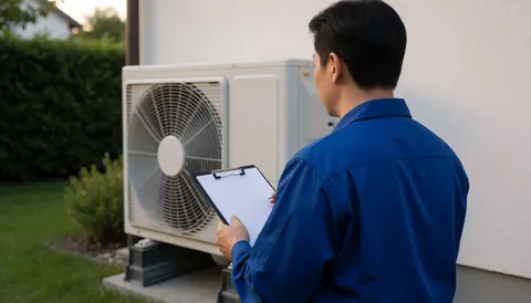 Technician in blue uniform checks an air-to-water heat pump in a garden while holding a notebook during sunset.