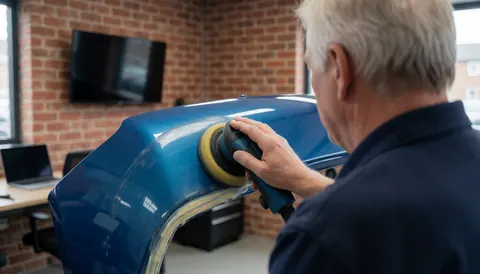 Technician applying polish to a shiny blue spark plug using an electric polisher in a workshop with a brick wall.