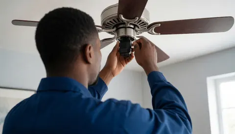 Technician installing a ceiling fan controller in a room with gray walls and natural light, showing a fan repair service in action.