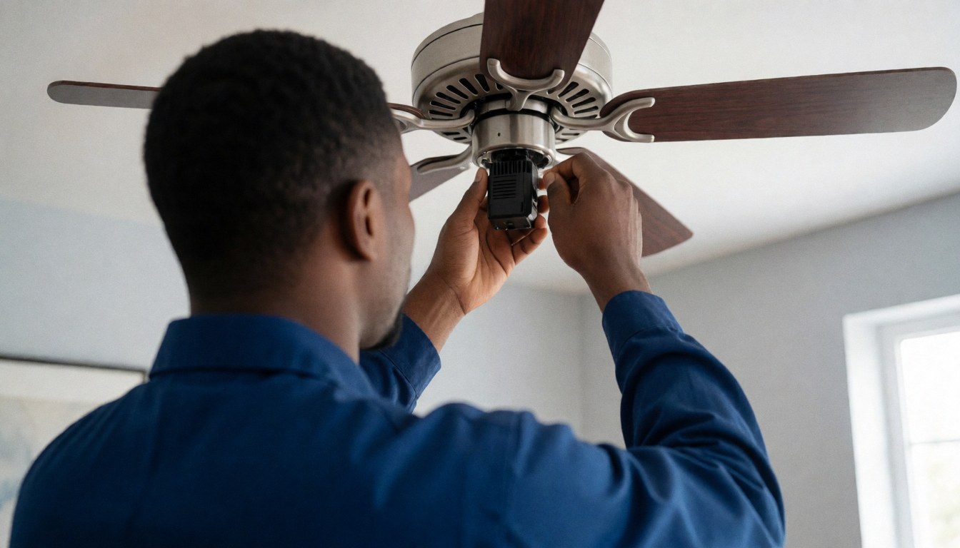 Technician installing a ceiling fan controller in a room with gray walls and natural light, showing a fan repair service in action.