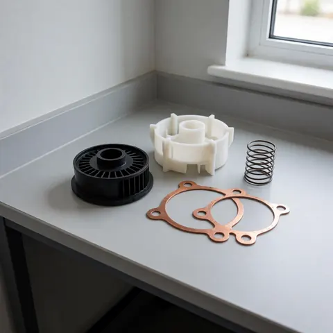 Dryer repair kit featuring a black impeller, copper gasket, and metal spring arranged on a clean workbench