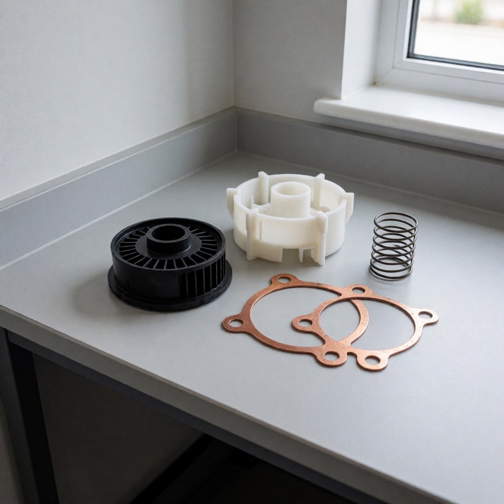 Dryer repair kit featuring a black impeller, copper gasket, and metal spring arranged on a clean workbench
