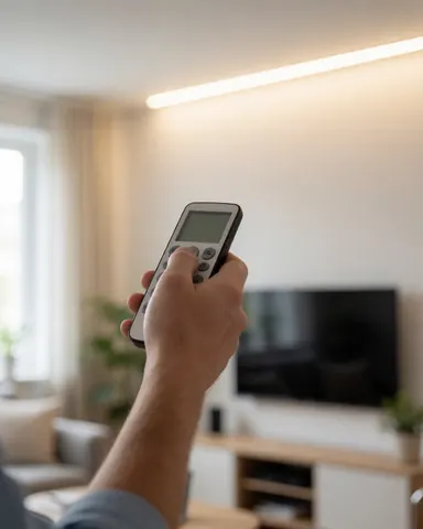 Close-up of a hand holding a remote control and pointing it at a ceiling-mounted LED light fixture in a modern living room.