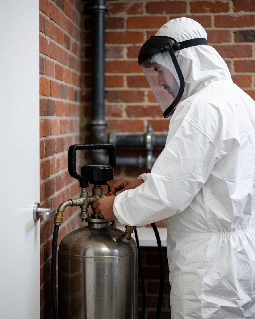 Worker in protective gear adjusts a valve on a metal tank in an industrial workshop.