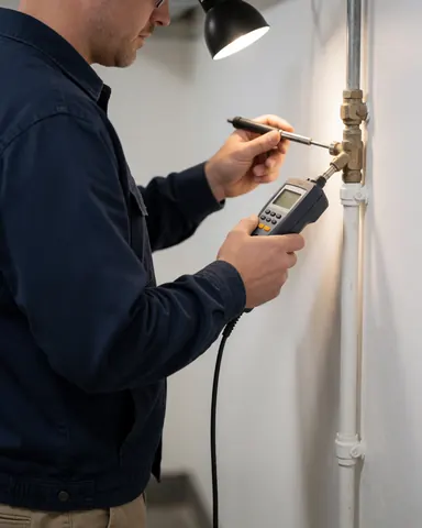 Boiler repair technician inspects a pipe using a gas detector in a white-walled workspace with task lighting.
