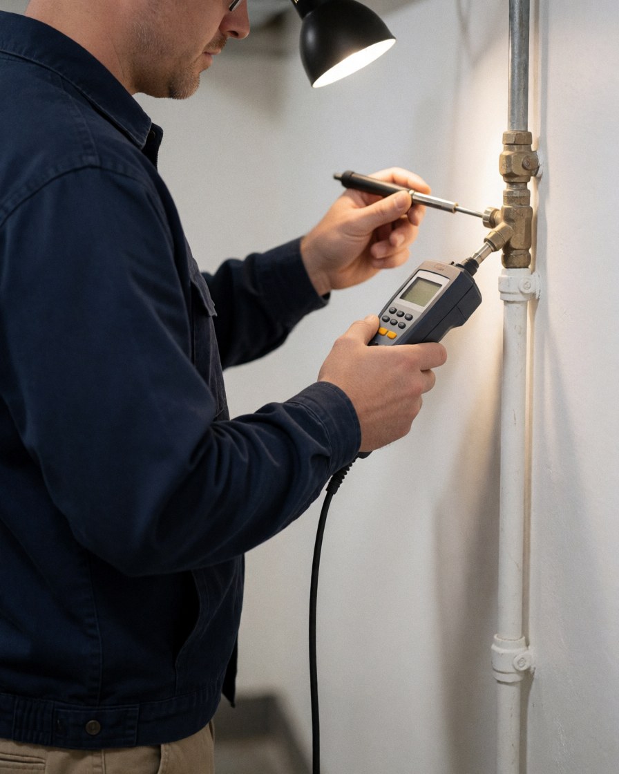Boiler repair technician inspects a pipe using a gas detector in a white-walled workspace with task lighting.