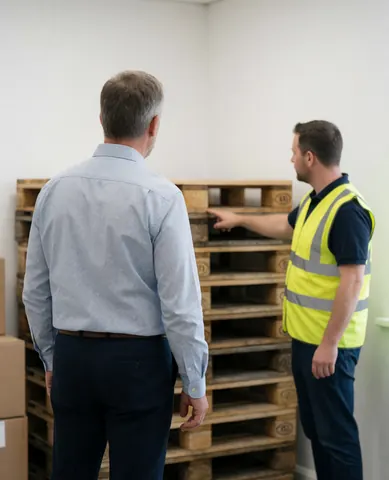 A client inspects wooden pallets in a warehouse while a worker in a safety vest points to a product, illustrating logistics service.