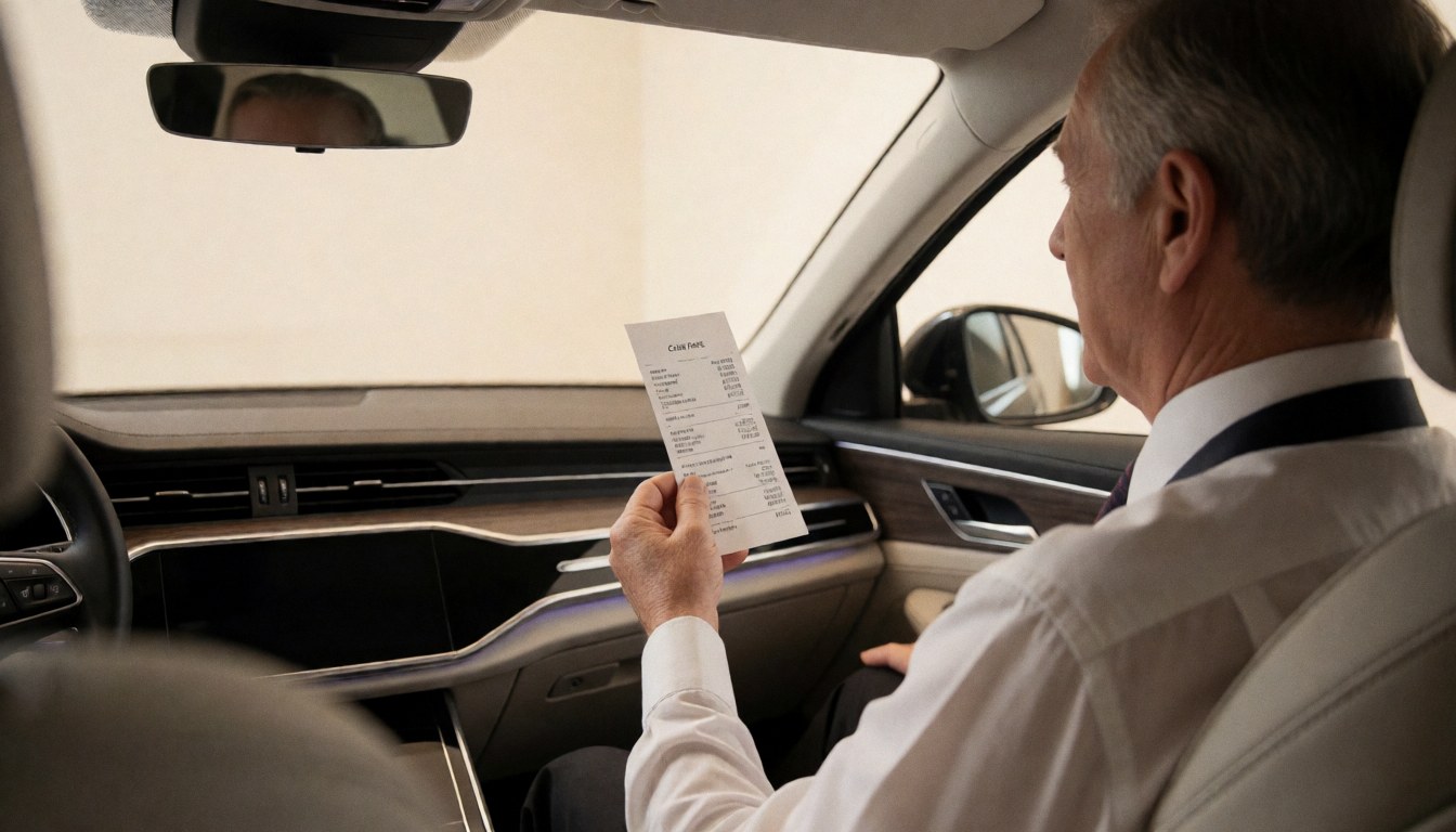 Driver displays a travel receipt from inside a clean, luxurious car interior, viewed from the back seat.