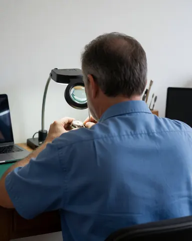 A watch repair technician working on a watch using a magnifying glass at a professional workbench