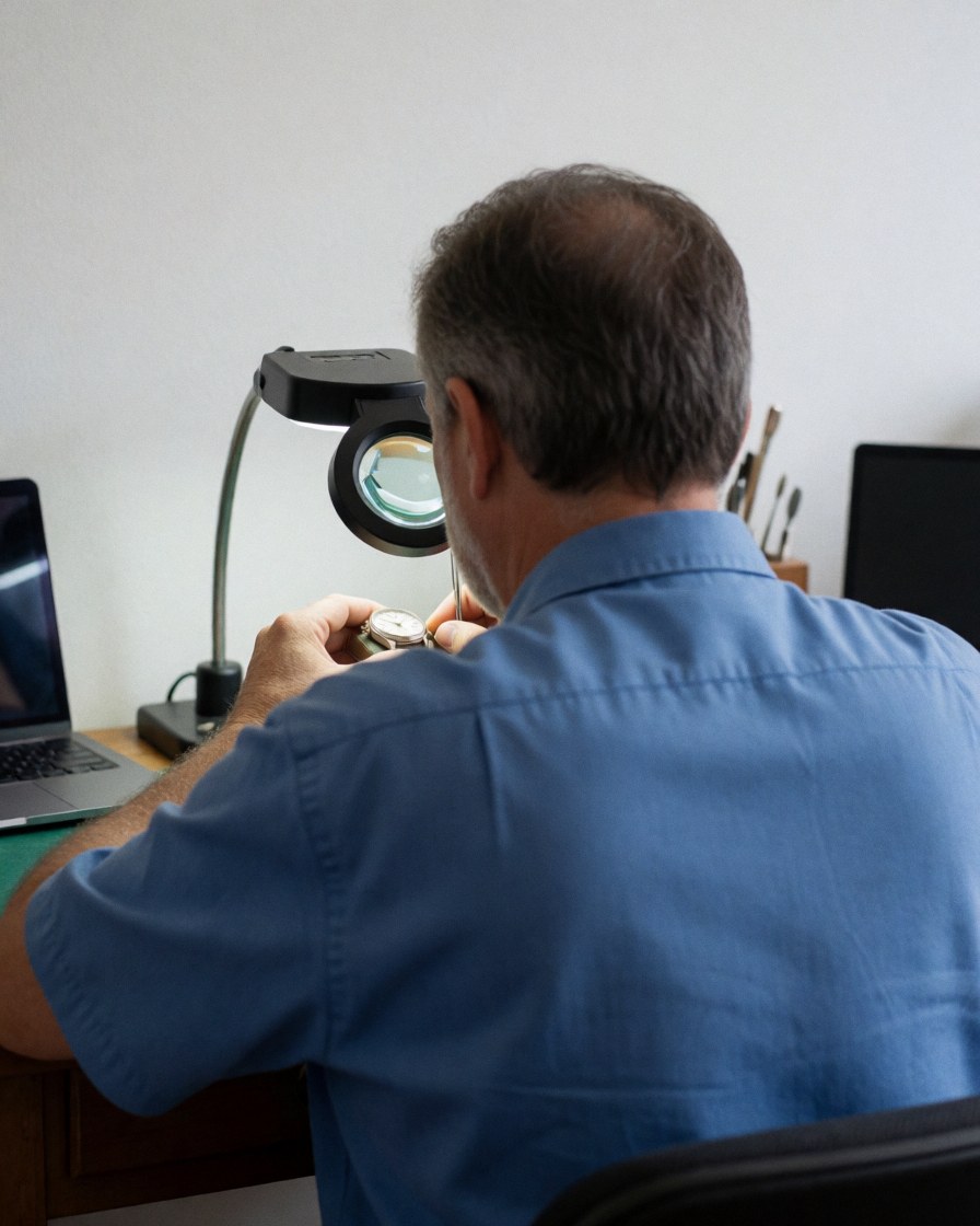 A watch repair technician working on a watch using a magnifying glass at a professional workbench