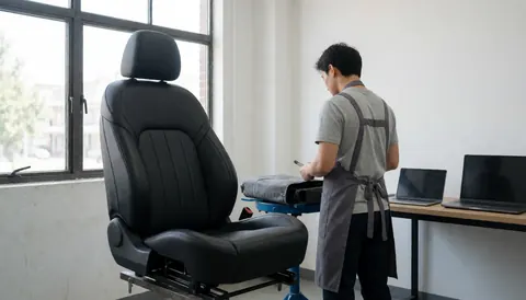 Worker in an apron inspecting a black car seat in a well-lit workshop with large windows and work tables