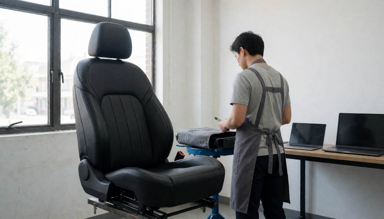 Worker in an apron inspecting a black car seat in a well-lit workshop with large windows and work tables