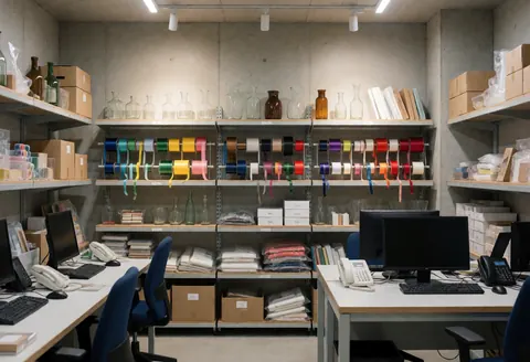 Organized florist storage shelves holding colorful ribbons, glass vases, and packing materials under bright lighting