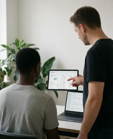 A personal trainer stands while explaining data charts on a tablet to a seated client in a consultation room with a plant.