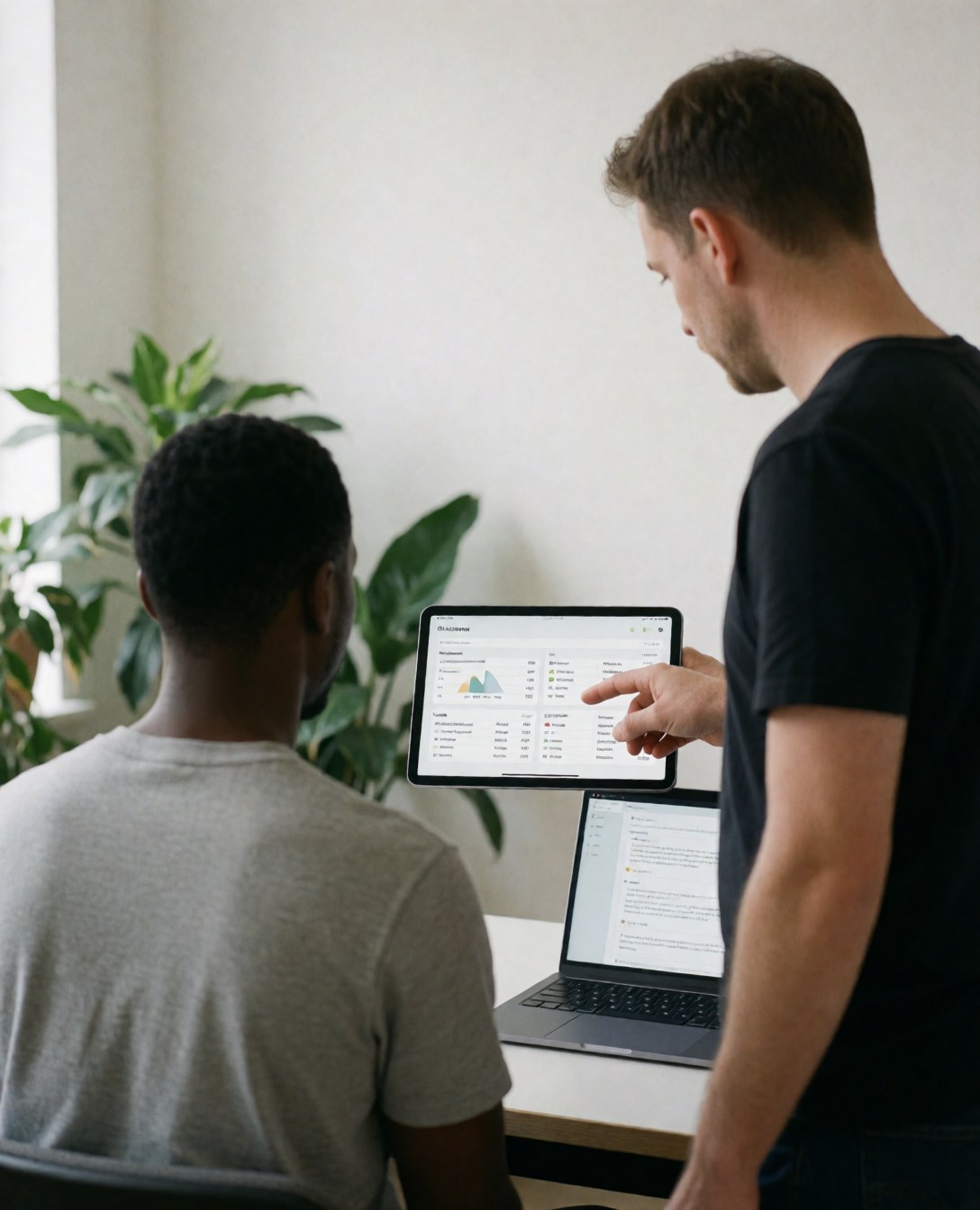 A personal trainer stands while explaining data charts on a tablet to a seated client in a consultation room with a plant.