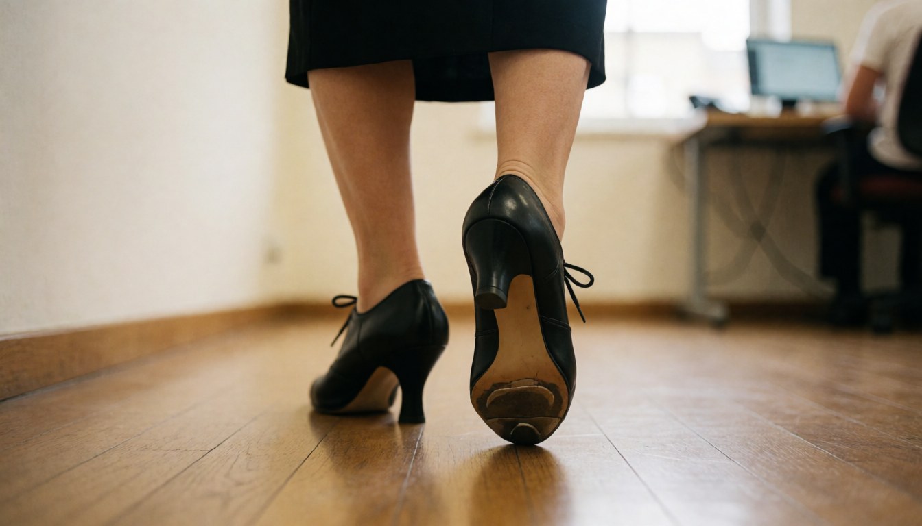 Close-up view of black tango shoes on a polished wooden floor during a dance class