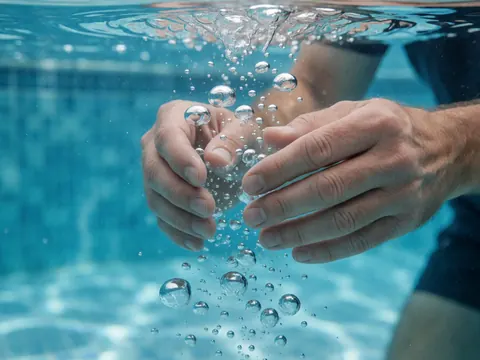 Close-up view of adult hands submerged in clear blue pool water with rising bubbles and tiled background
