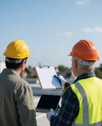 Solar technician hands a client an inspection notebook while standing on a rooftop, ensuring the customer is satisfied with the solar panel repair service.
