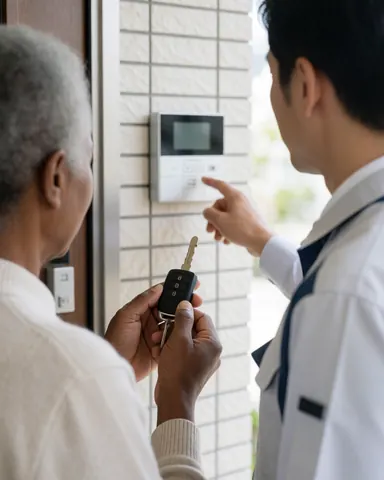 A locksmith technician explains a security control panel to a client holding a remote key fob near a tiled wall.