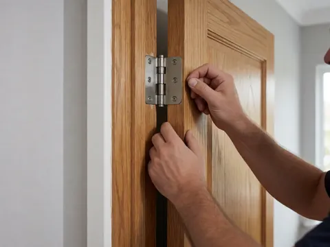 Close-up of a hand tightening metal door hardware on a wooden door frame against a painted wall, showing installation details.